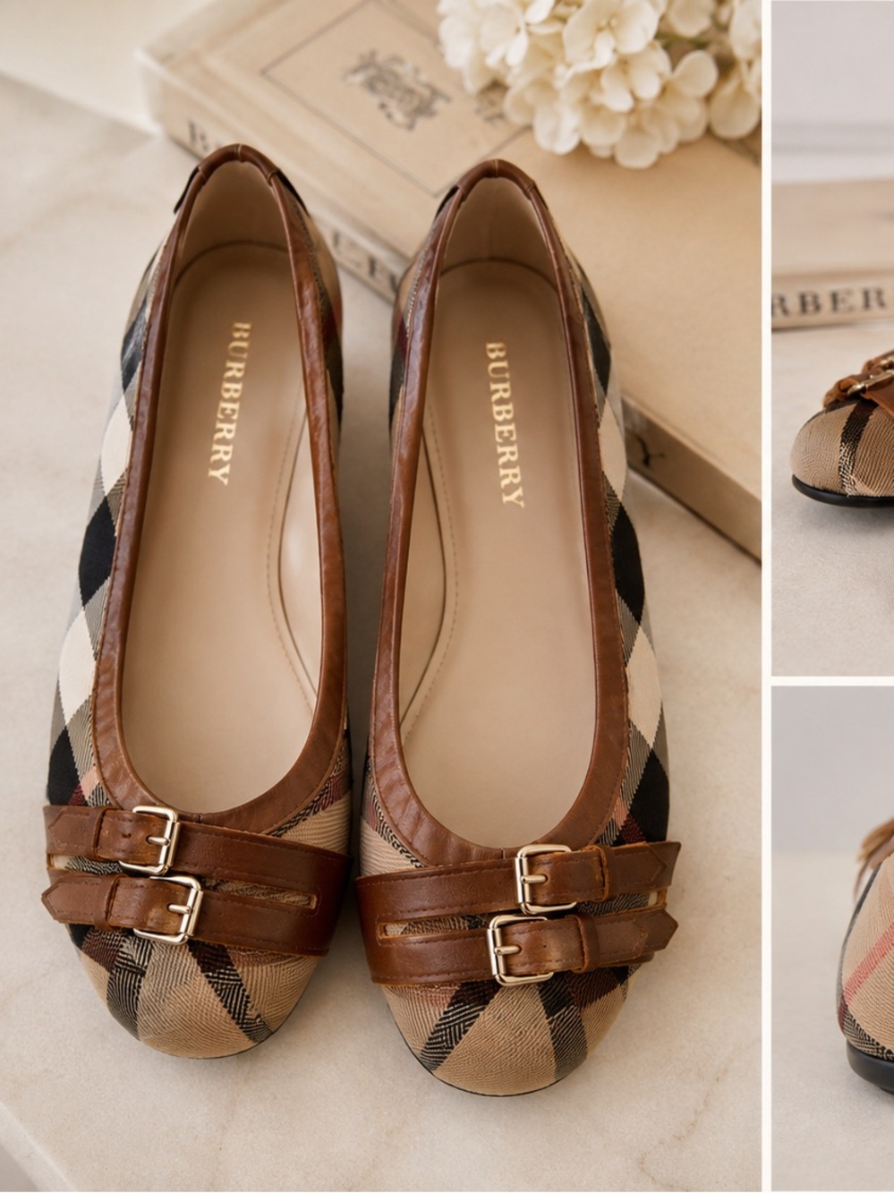 Burberry Brown Plaid Leather-Trim Ballet Flats